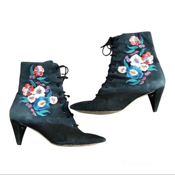 Tory Burch Cassidy Black and Blue Suede Floral Embroidered Lace Up Booties 8.5 - Picture 1 of 16